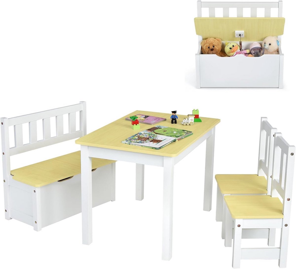 Kinderzithoek Set met Opbergruimte: Tafel, 2 Stoelen en Bank van Licht Hout
