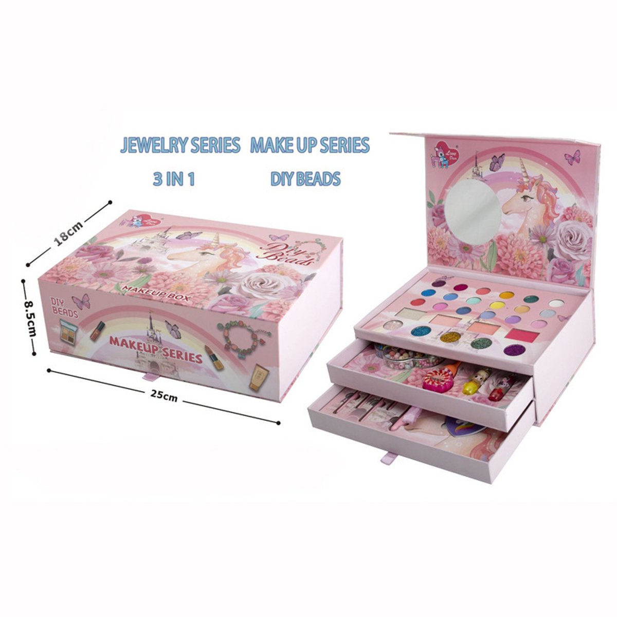 Make up meisje - 3-in-1 Kinder Make-up Set & DIY Kralen Juwelendoos-Make up Doos Meisjes - Inclusief DIY Sieraden Kralen & Kwasten – Afwasbare Kinder Make-up Cadeauset met Spiegel & Opbergkoffer — afbeelding 8