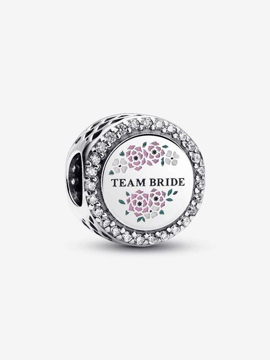 Pandora Moments Team bride sterling silver charm with clear cubic zirconia, pink, white and green enamel Bedel Zilver Dames792016CZ_E089