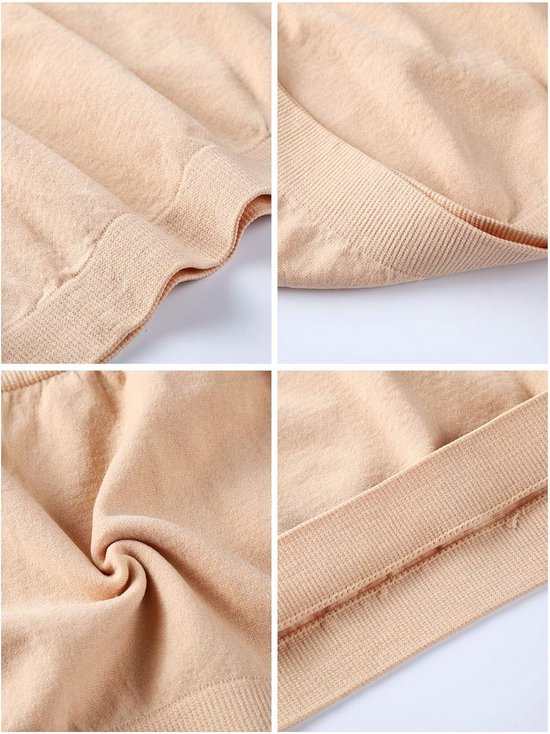 Close-up van de beige stof en naden van een strapless bandeau bh.