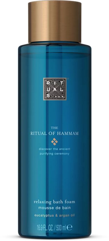 Blauwe fles Rituals The Ritual of Hammam badschuim, eucalyptus & arganolie. Gouden dop.