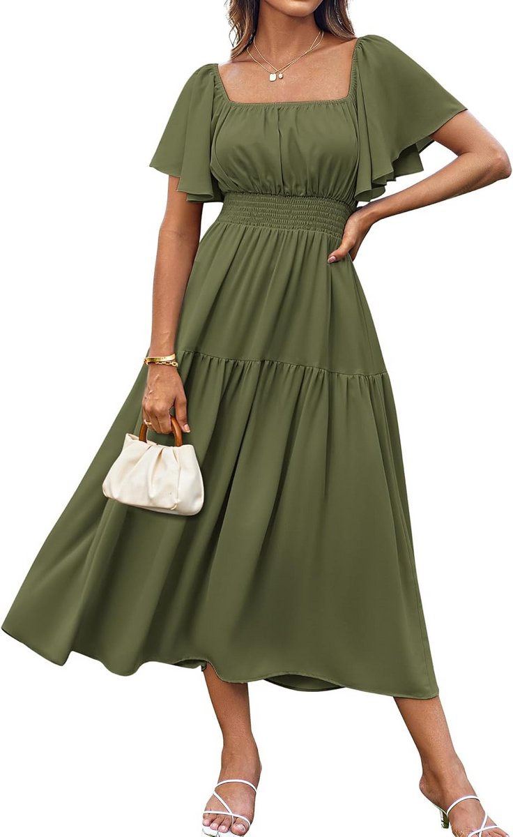 Dames Chique Elegante Lange Jurk met Pofmouwen en Vierkante Hals