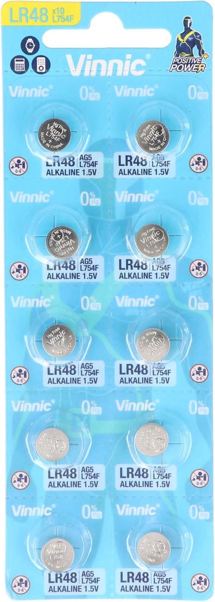 Vinnic Alkaline Knoopcel Batterijen AG5 L754F LR48 10 Stuks