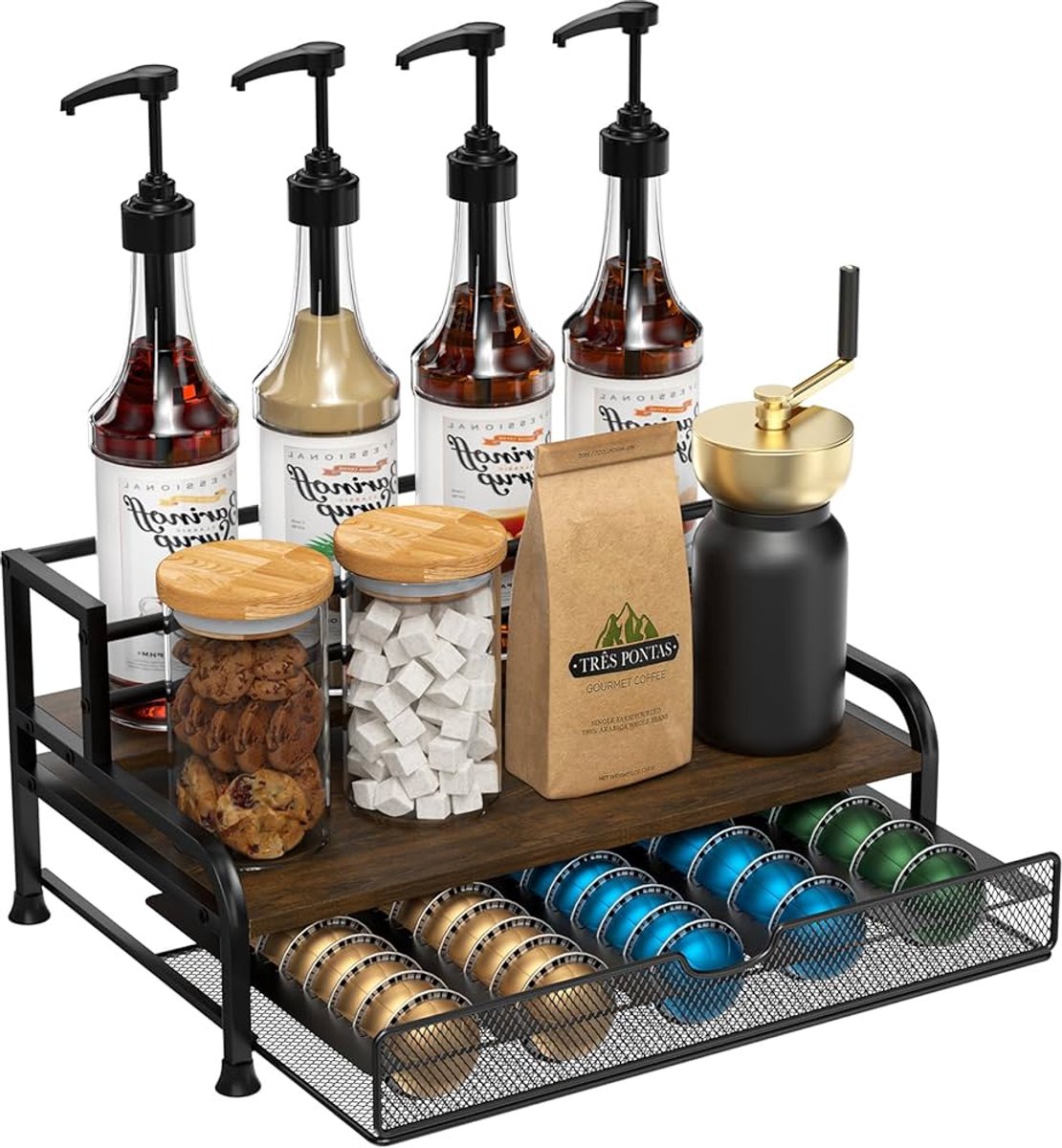 Koffie siroop rack organizer - 3-laags, geschikt voor 8 flessen - Hout en metaal