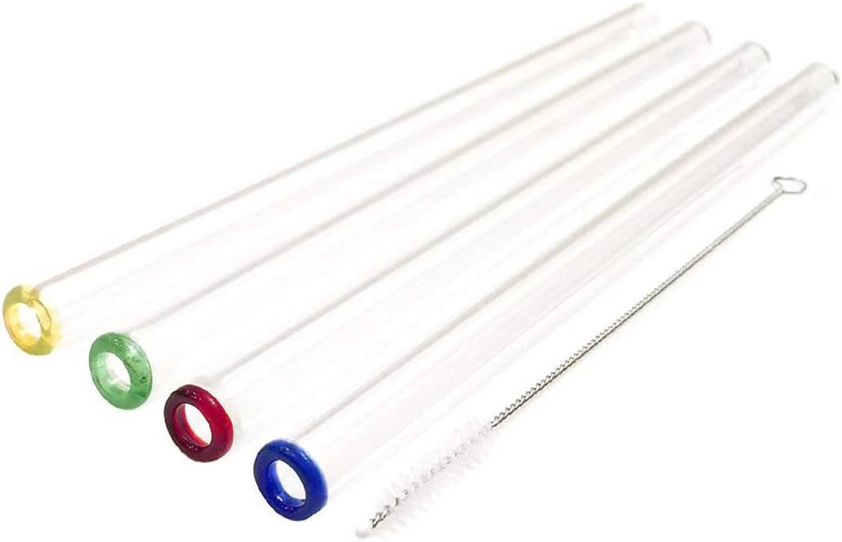 Glazen Rietjes Met Gekleurde Punt 4-Pack Inclusief Reinigingsborstel