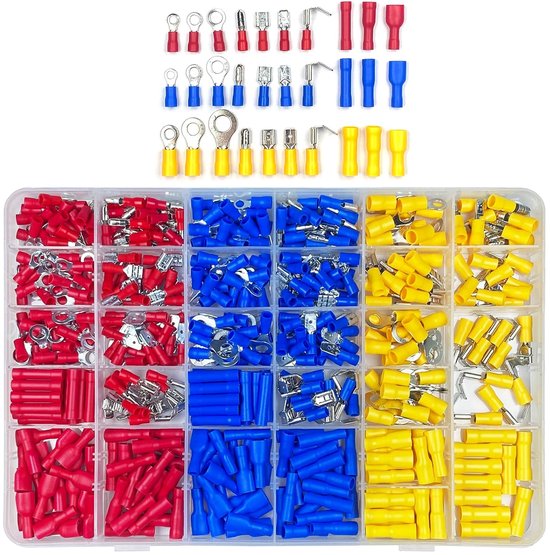 Un ensemble de 480 pièces avec 30 types de connecteurs électriques sertis, connecteurs avec cosses isolées, connecteurs en anneau et en fourche plats et coffrets correspondants, adaptés aux électriciens.