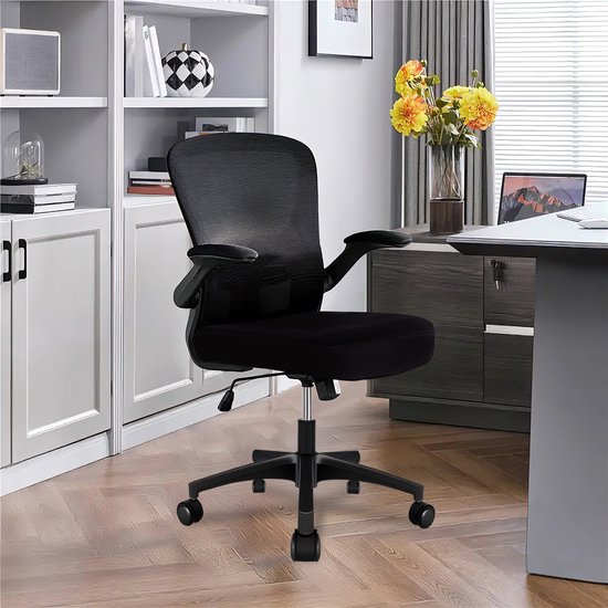 Durrafy Bureaustoel - Ergonomische Bureaustoel - Bureaustoelen voor Volwassenen - Office Chair - met Lendensteun & 90° Opklapbare Armleuningen | Verdikt en Verbreed Zitkussen | Hoogteverstelling - Stoel Tot 150kg - Zwart