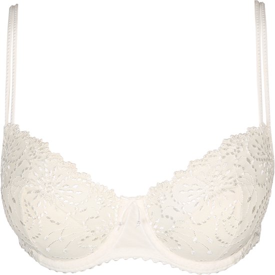 Witte balconnetbeha met kanten bloemenmotief en off-white voering.