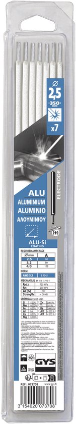 Verpakking met 7 aluminium laselektroden, diameter 2,5 mm, 350 mm lang. Blauw met witte tekst.