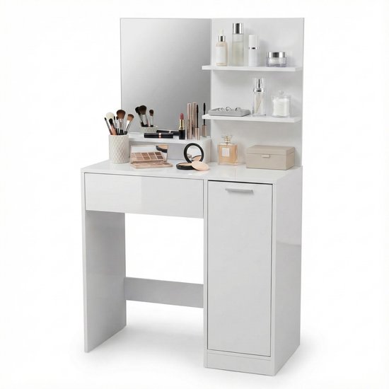 Monza Home® Make-up Tafel – Kaptafel met Spiegel – 1 Lade – Kast – 2 Planken – Wit