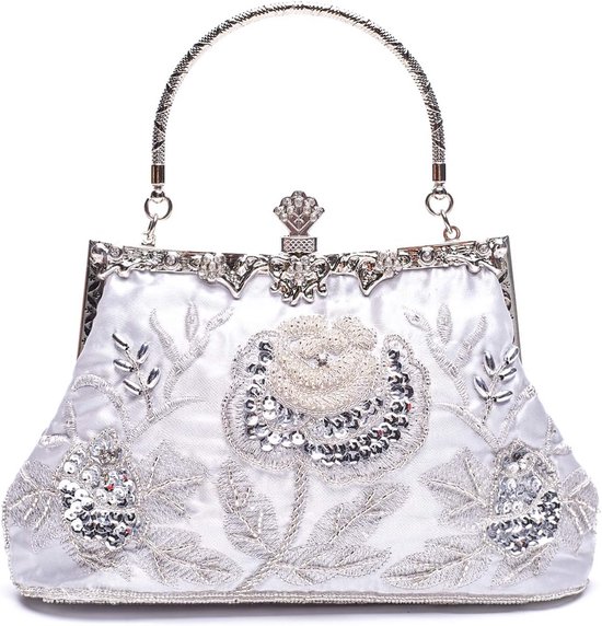 Simcat Kralen pailletten bloem avond portemonnee grote clutch tas, zilver, One Size