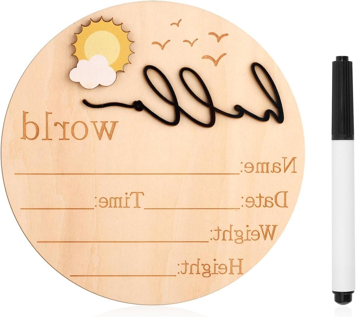 Houten Hello World babyaankondigingsbord voor meisjes en jongens - schattige geboortenaambordjes voor babyshower en kinderkamer - foto prop met zwart design - 14,8 cm hoog