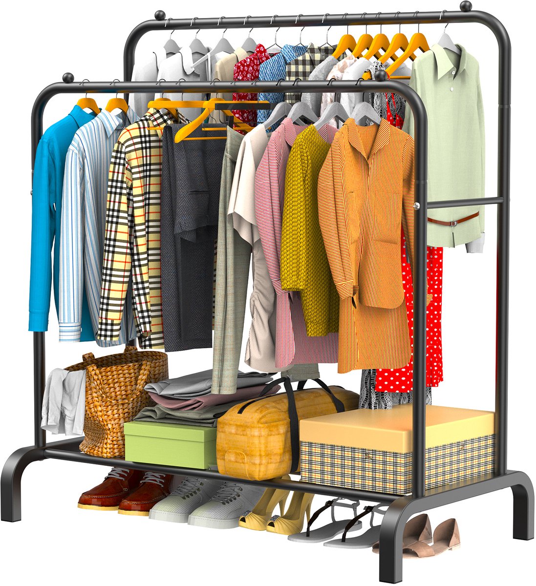 LOEFME Industrieel Kledingrek met 2 Stangen - Garderoberek - Schoenenrek - 110 x 55 x 150 cm - Zwart Metaal - Kledingstandaard met plank - Kledingkastrek - Kledingrails
