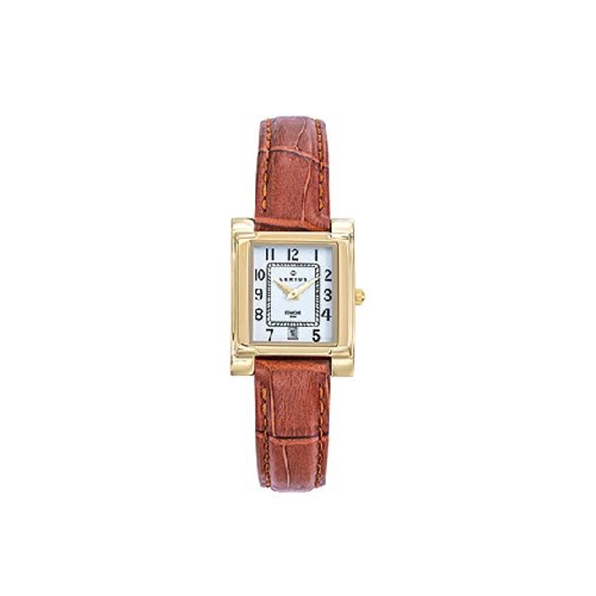Certus-model 646620-horloge-dames-cognackleurig leder-goudkleurig-rechthoekig-duidelijke wijzerplaat-afmeting 23 x 29.5 mm-datum -3 atm waterdicht- fabriqué en France