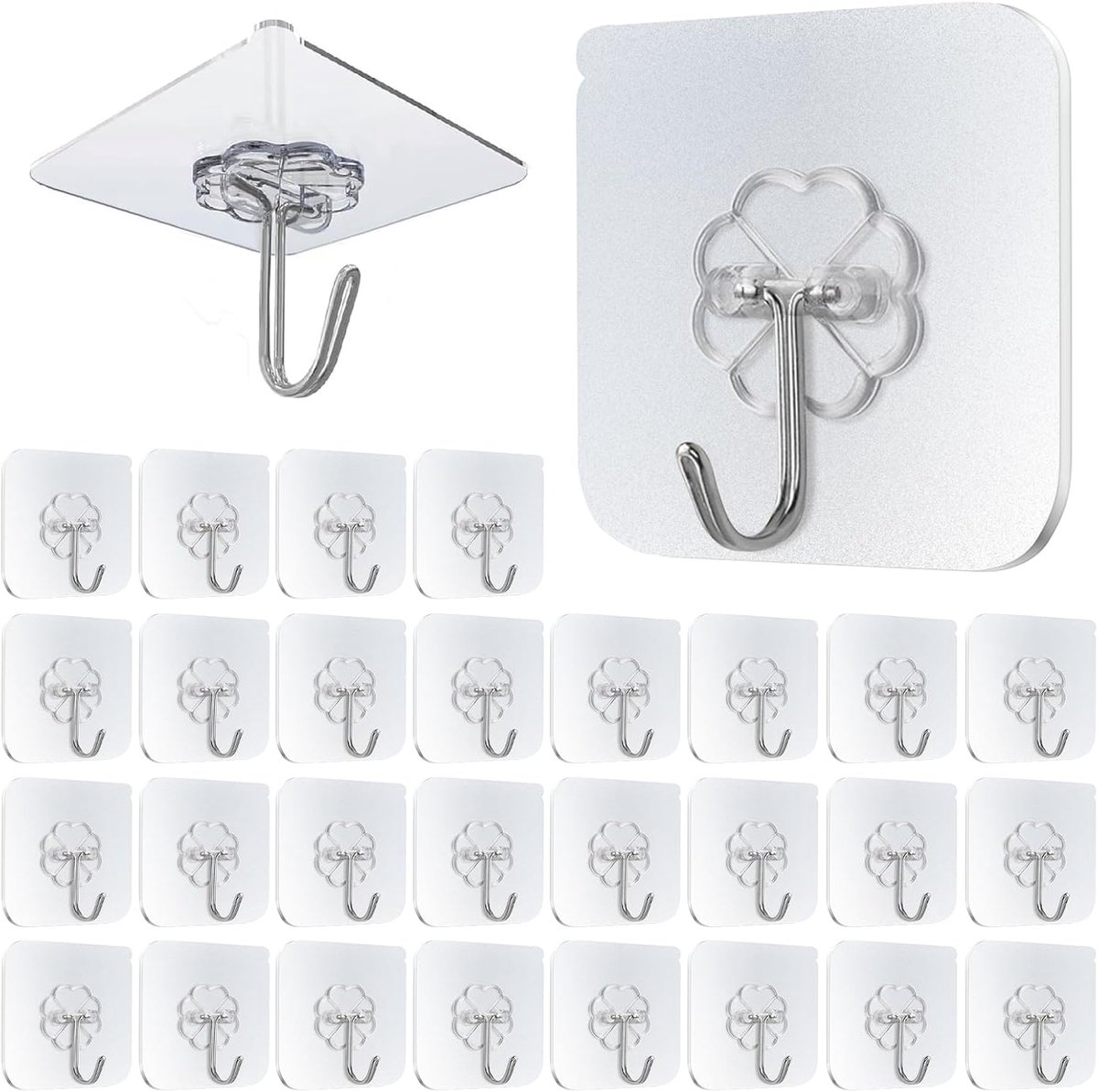 Famanu - Zelfklevende haken, 30 stuks, transparant, extra sterk, zonder boren, voor badkamer, keuken, muur en plafond, draagkracht 10 kg