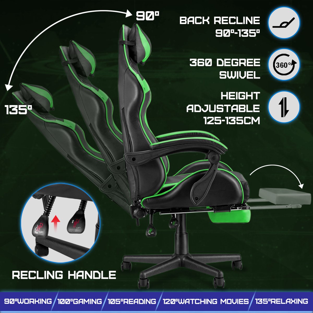 Soontrans Groen-Gaming Stoel met Inklapbare Voetensteun, - afbeelding 3