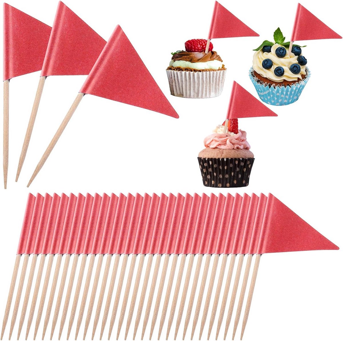100 Stuks Rode Driehoekige Vlaggetjes op Tandenstokers voor Cupcakes en Hapjes