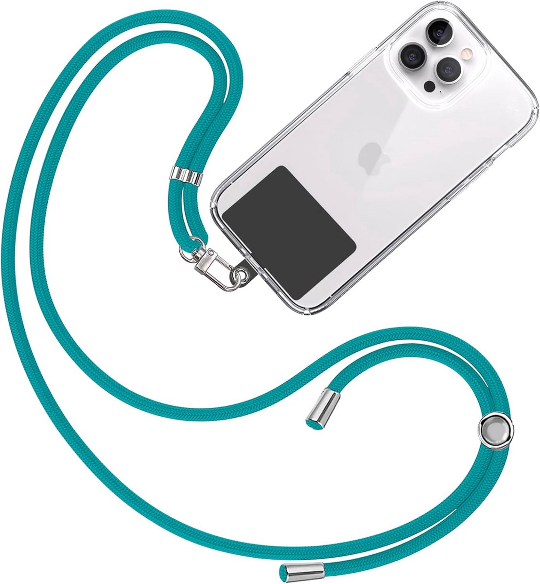 Lanyard voor mobiele telefoons, verstelbare nylon telefoonkoord met metalen haak, geschikt voor alle smartphones - Donkerturkoois met zwart plakje