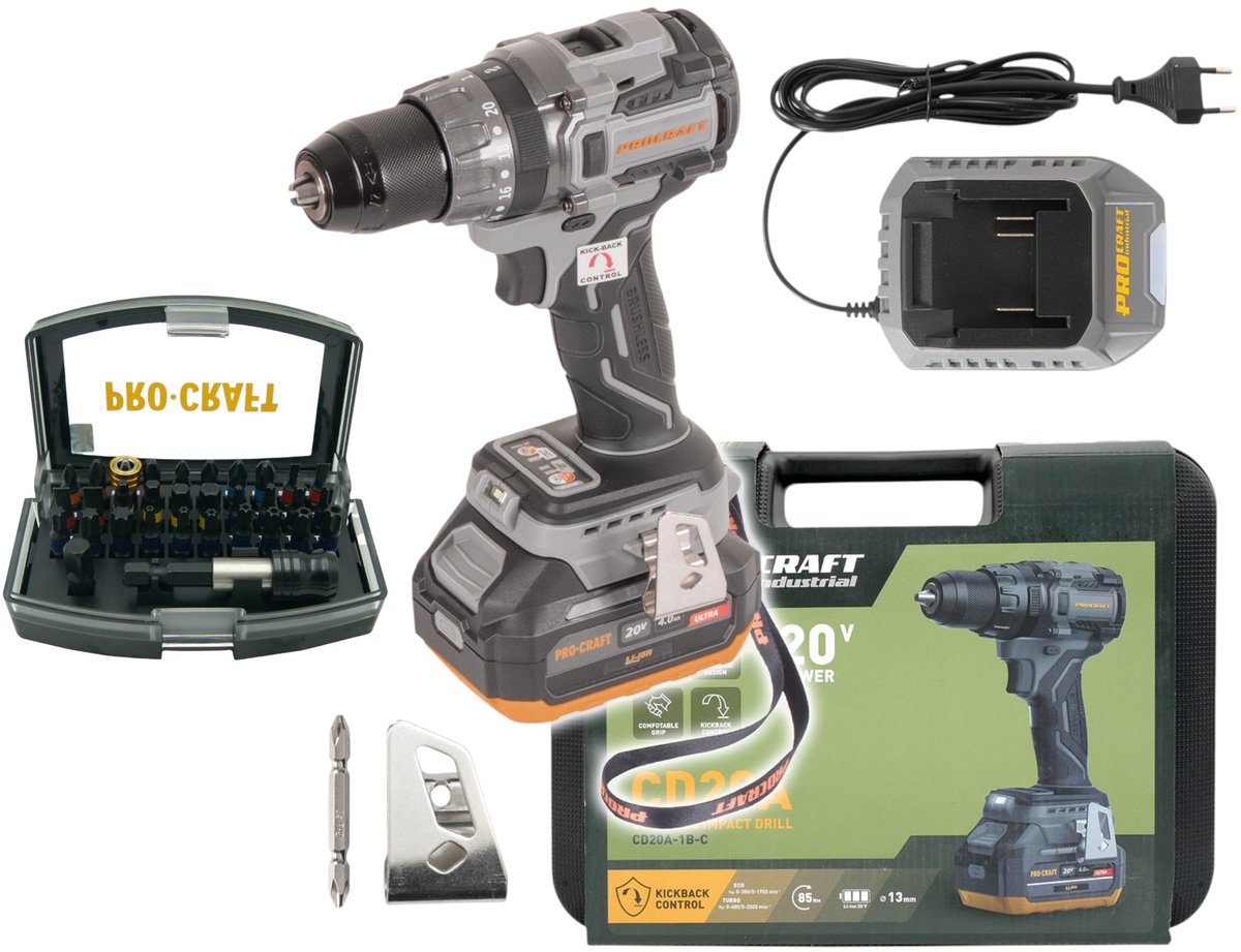 Procraft Industrial CD20A accu-klopboormachine 20 V 85 Nm + 1x accu 4,0 Ah + oplader + koffer