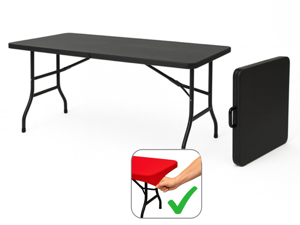 HEM Vouwtafel Inklapbaar 180x70 Zwart – Buffettafel – Klaptafel – Campingtafel - 100 kg Belastbaar – 9,5 kg - Met Rode HEM Topper