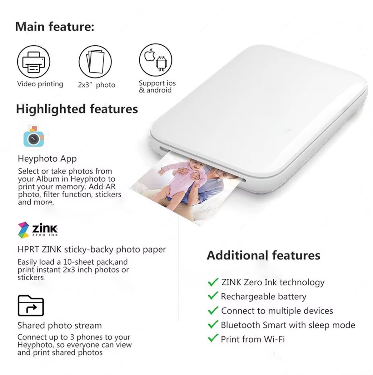 Draagbare Fotoprinter Mini – Mobiele 2x3 Inch Kleurenprinter met Bluetooth & ZINK-technologie – Zakprinter voor Foto’s en Labels thumbnail 6