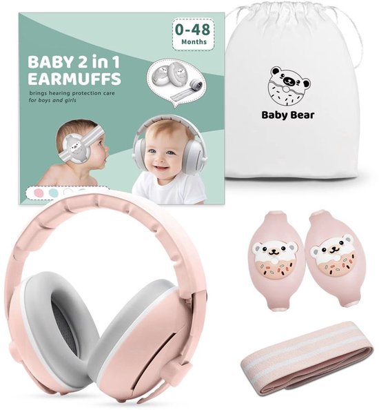 KM Gehoorbescherming baby - gehoorbescherming kind - 0 ‑ 4 jaar – 2 ‑ in ‑ 1 oorkappen – SNR 27 dB – Drukvrije Zachte Babyband – Verstelbare & Comfortabele Oorkappen – Duurzaam - Baby & Peuter- Roze