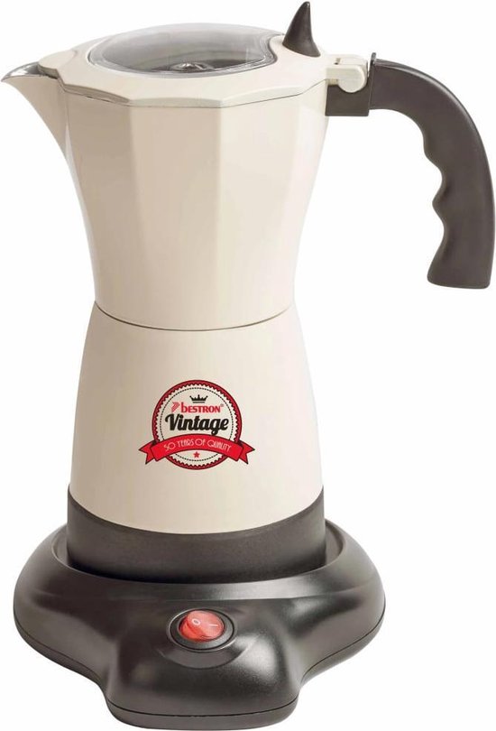 Bestron elektrische Espressomaker, Percolator met 360° Basis, voor 6 espressokopjes, 180 ml capaciteit, 480W, kleur: ivoorwit