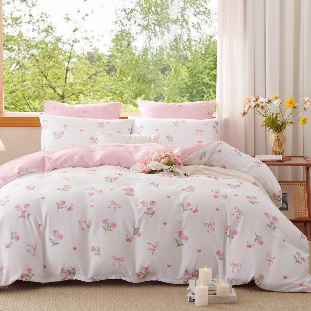Ibenzoa Roze bloemen beddengoed set met vlinders en hartjes patroon inclusief kussensloop Wit