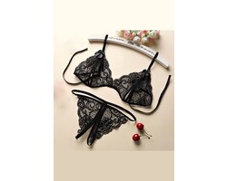 La Nuita Zwarte Kanten Bh Set Dames - Open Cup Bralette en String - Sexy Tweedelige Lingerie Set (S t/m XL)