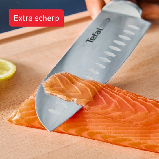 Close-up van een Tefal mes dat zalm snijdt