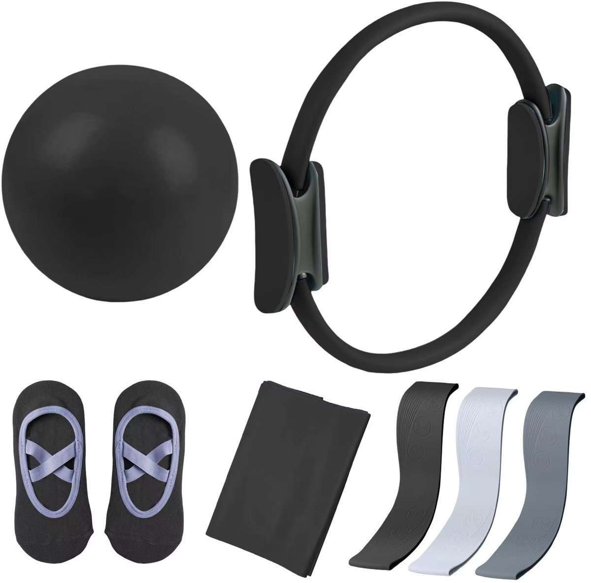 Klikkopers® - Pilates Set 7-Delig – Pilates Ring 35 cm – Weerstandsband – Pilates Bal – Anti-Slip Sokken – Complete Fitness & Flexibiliteit Trainingsset – Zwart