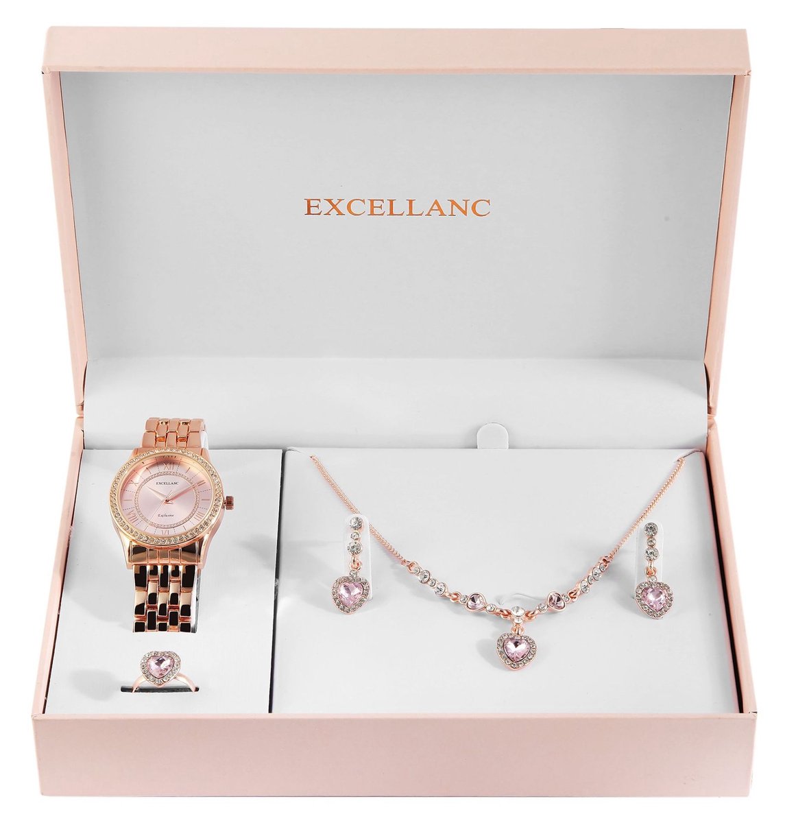 Excellanc dameshorloge geschenkset rosé-goudkleurig cadeauset horloge, ring, ketting en oorbellen kerstcadeau
