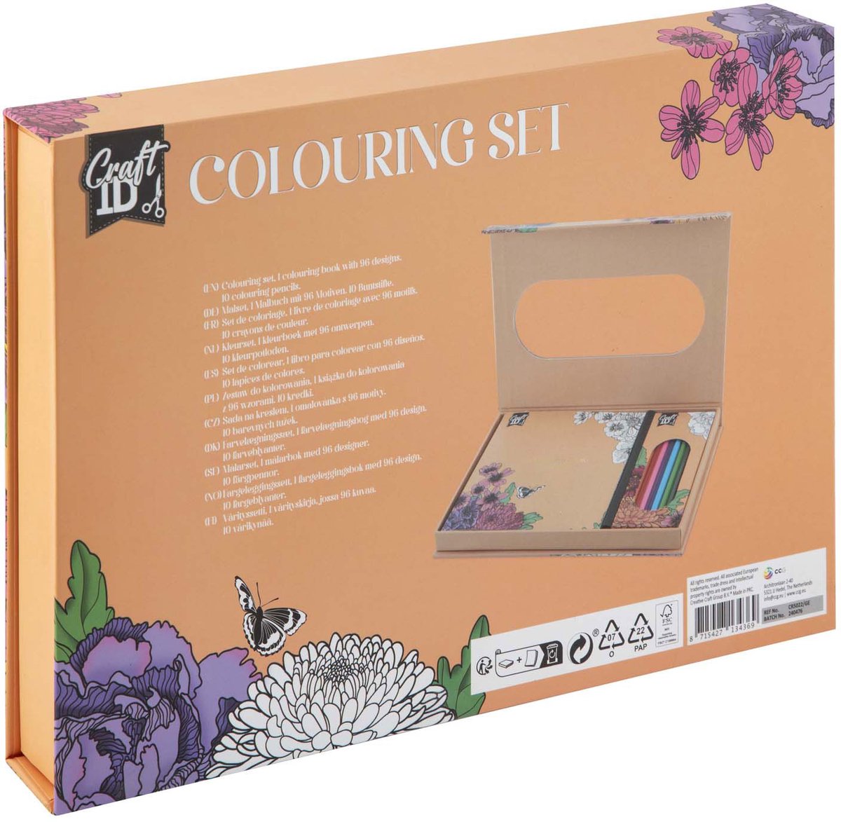 Craft ID Floral Garden Kleurboek voor Volwassenen - 96 Ontwerpen & 10 Kleurpotloden - Cadeau geschenk - Ontspannende Tekenset Volwassenen voor Kleuren en Stressverlichting — afbeelding 3