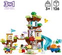 LEGO DUPLO 3in1 Boomhut speelset met vrolijke figuren, glijbaan en accessoires.
