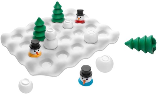 Spelbord "Snow Problem" met drie sneeuwpoppen, drie bomen en witte ballen, met losse boom.