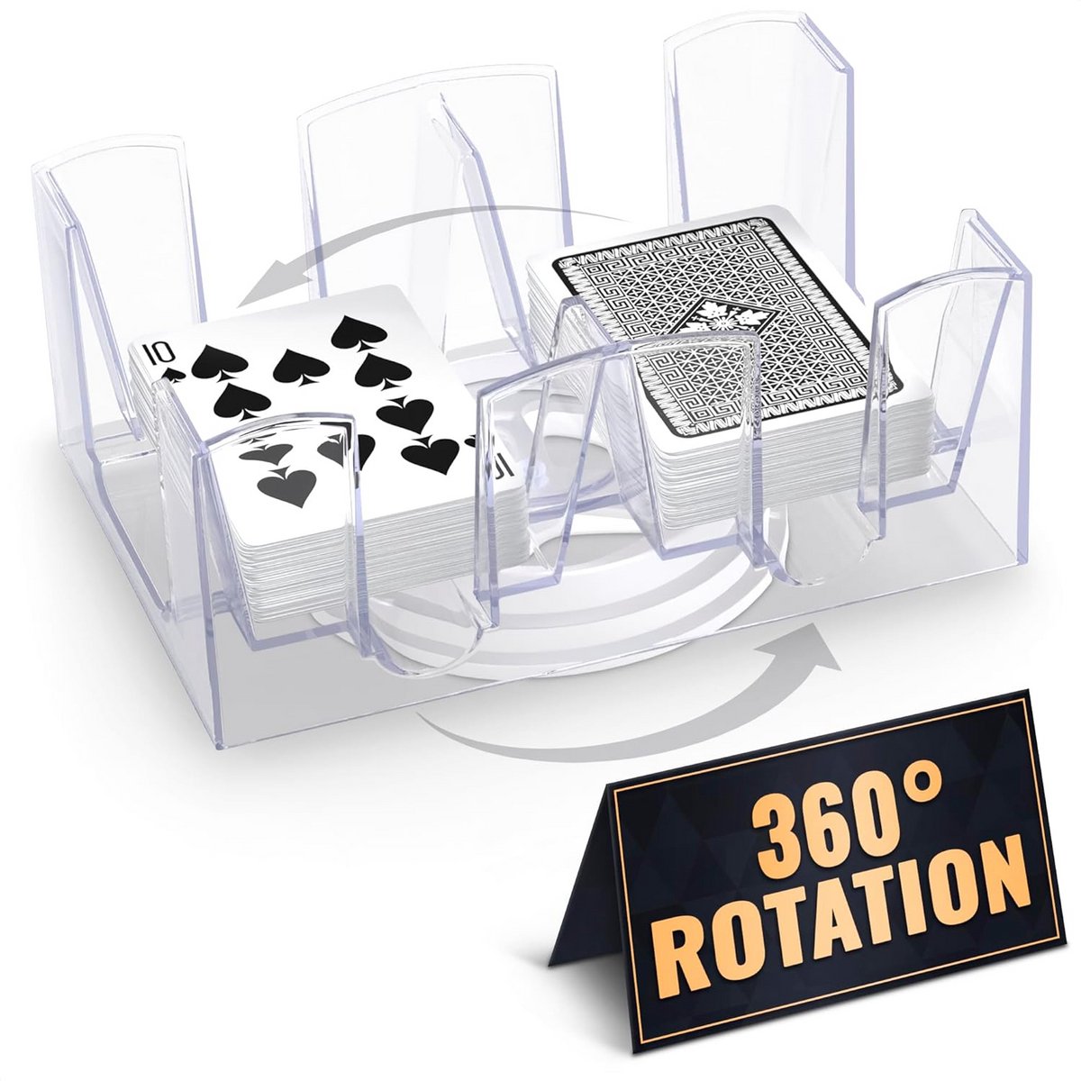 Draaibare Kaarthouder 360° - Houdt 2 Kaartspellen - Transparant - Compact & Draagbaar voor Poker, Blackjack, Bridge, Canasta, Uno - Gemakkelijk Schoon te Maken - 2 x 4,8 x 7,1 inch