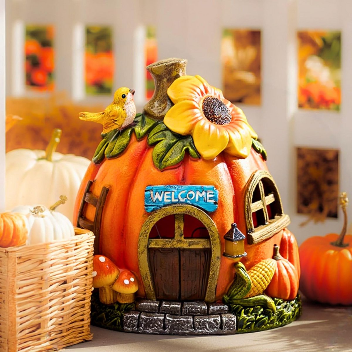 Weerbestendig Pompoenhuis met Zonnelamp voor Tuin en Herfstdecoratie