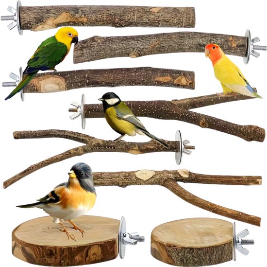 AnimalPalace® Zitstokken Vogels - Set 8 Delen - Zitstokken - Vogel Zitstok - Vogelkooi Accessoires - Vogelkooi Decoratie - Vogel Speelgoed - Vogel Speeltjes - Schommel - Dwergpapegaaien Speelgoed - Dwergpapegaai - Kanarie - Valkparkiet - Parkiet
