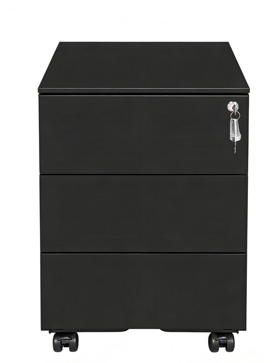 Zwarte archiefkast met 3 lades en slot, op wieltjes.