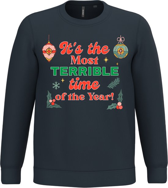 Chandail de Noël Most Terrible Time | Pulls de Noël moches pour hommes et femmes | Pull de Noël | Marine | taille L.