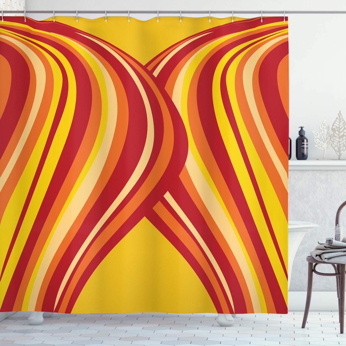 ABAKUHAUS Retro douchegordijn – gestreept geel-oranje-rood – 175x200 cm