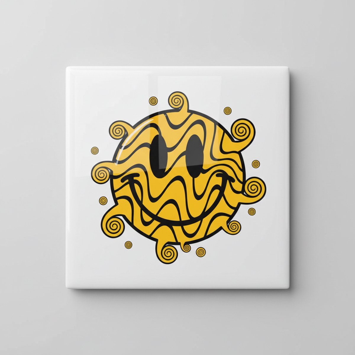 Nevolis Abstracte Smiley Keramische Tegel – Artistieke Gele Krul Emoji Wanddecoratie – Decoratieve Tegel 15 × 15 cm Multi Color