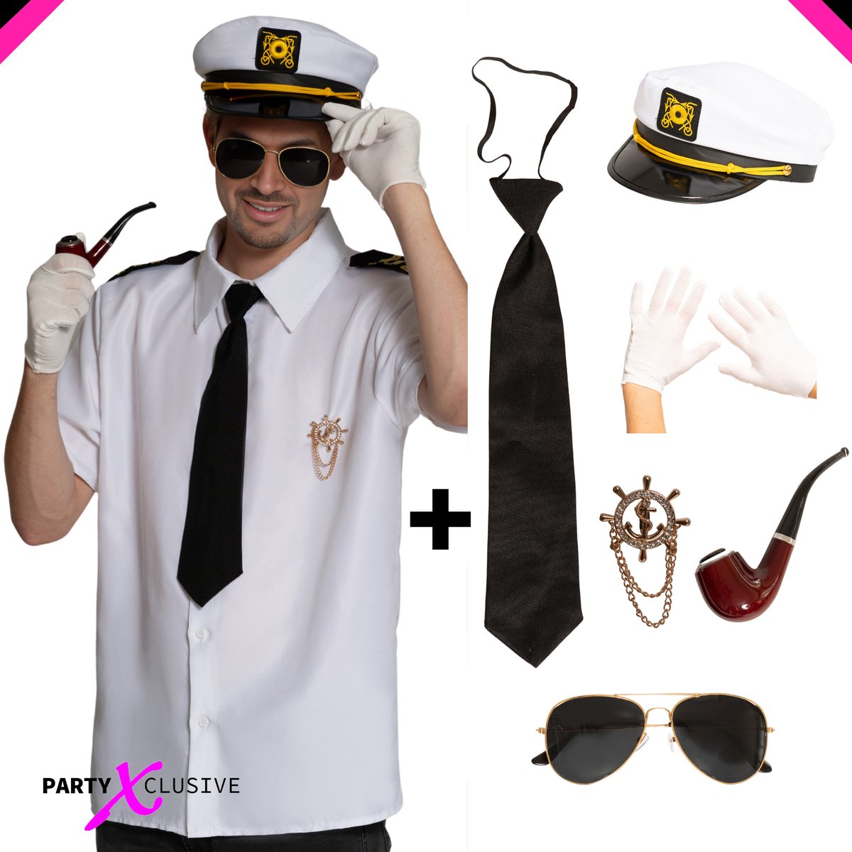 Partyxclusive 7-Delig Kapitein Set Heren Shirt/Hoed/Stropdas/Bril/Handschoenen/Horlogeketting/Pijp Carnavalskleding Heren Verkleedkleren Volwassenen Kapitein accessories- Wit - Polyester- XL