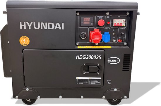 Zwarte Hyundai HDG200025 generator met digitaal display, rode noodstop, en rode/blauwe stopcontacten.