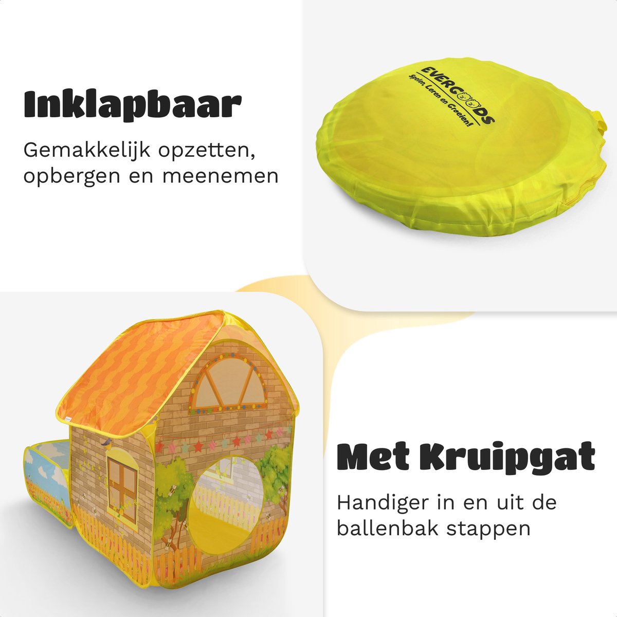 EverGoods Speeltent Kinderen – Speelhuis met 100 Ballen & Kruiptunnel – Pop-up – Binnen & Buiten – Opvouwbaar – Ballenbad – Incl. Draagtas & Ballenzak — afbeelding 4