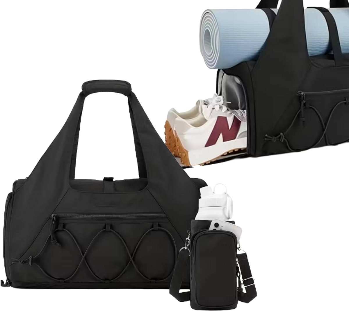 Mainius Sporttas met Schoenenvak & Fleshouder – Gymtas / Fitness Tas / Yoga Bag – Dames & Heren – Waterafstotend – 42L x 25H x 15,5B cm