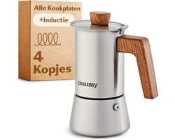 RVS Espressomaker met Eikenhouten Handvat voor 4 Kopjes - Geschikt voor Inductie
