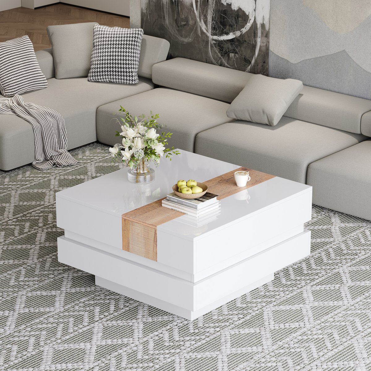Wishdor Salontafel 70x70x39 cm van spaanplaat met hoogglans tafelblad, uitschuifbaar en met verborgen opbergruimte