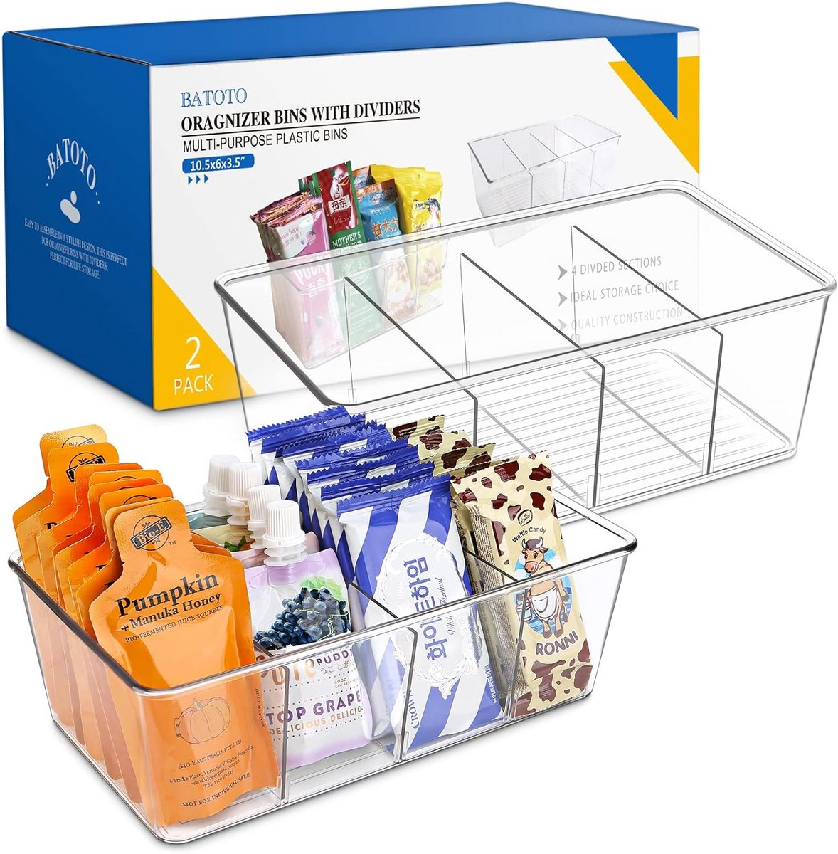 Doorzichtige Opbergbakken met Verdelers voor Pantry en Koelkast Organisatie (2 Stuks)