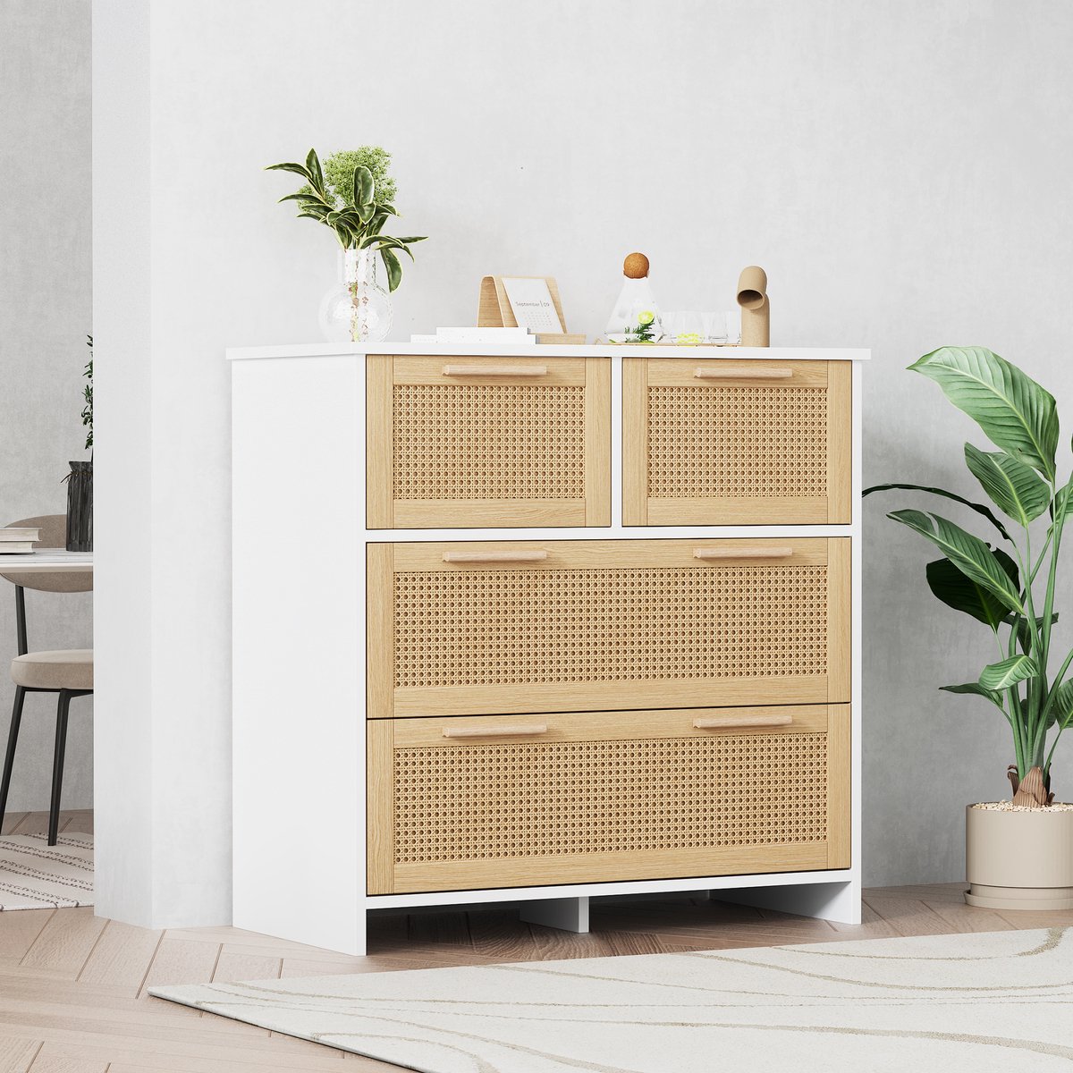 REDOM Dressoir B80/H80/T38 cm van MDF en massief hout, met rotan lades, met 4 diepe laden, naturel/wit Natuurlijk